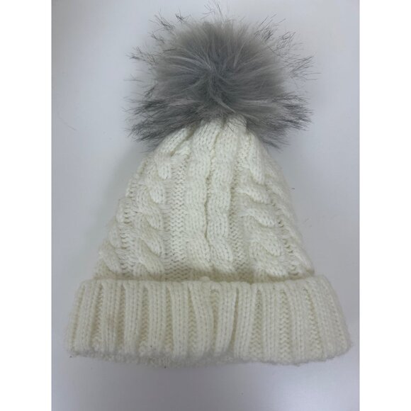 Rae Dunn "Cozy" Women's Ivory Cable Knit Pom Pom Beanie Winter Hat - Picture 2 of 10